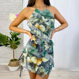 Colored printed sleeveless halter neck tied rope backless dress