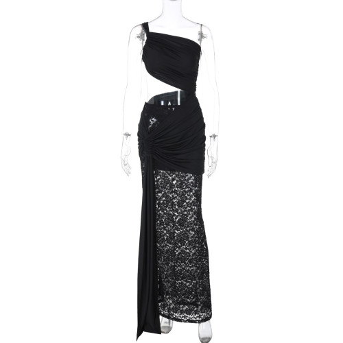 Mid waist hollow lace ribbon dress