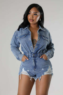 High elasticity perforated tassel loose wash denim jumpsuit jumpsuit