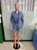 High elasticity perforated tassel loose wash denim jumpsuit jumpsuit