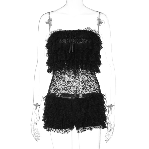 Mesh lace strapless jumpsuit