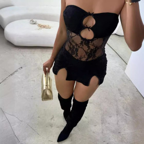 Lace patchwork hollowed out strapless slit dress