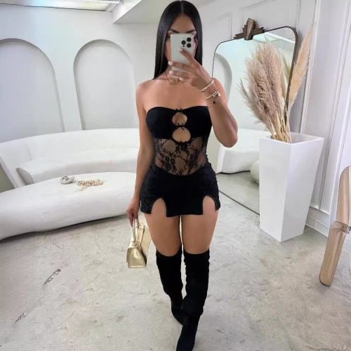 Lace patchwork hollowed out strapless slit dress