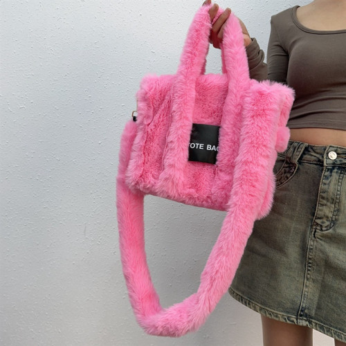 Imitation rabbit fur handbag, large capacity tote carrying plush bag
