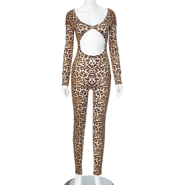 Leopard print long sleeved high waisted jumpsuit