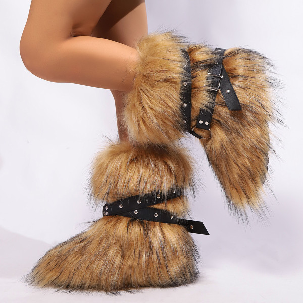 Cross belt plush fur snow boots