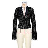 Deep V-lace long sleeved lace top