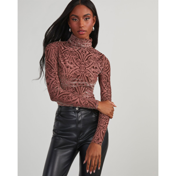High neck elastic velvet floral long sleeved top