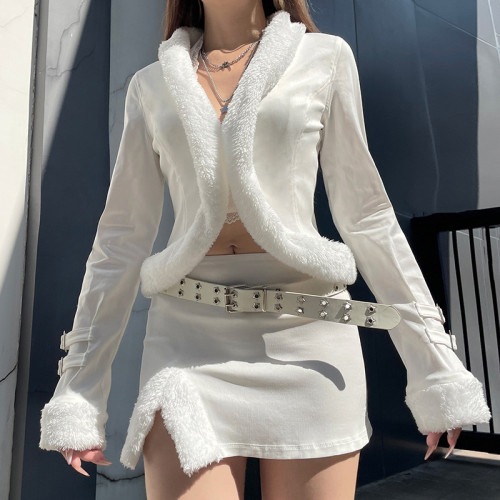 Warm wool strip splicing waist cinching jacket top