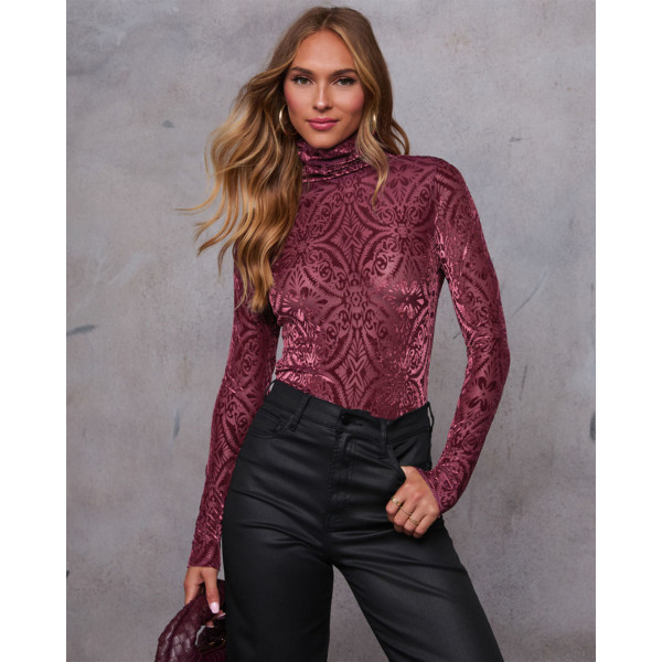 High neck elastic velvet floral long sleeved top