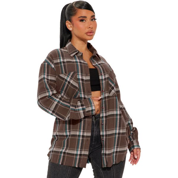 Plaid pocket button edging top long shirt