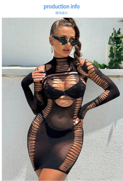 Printed perspective erotic lingerie hollow out dress