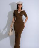 Polo collar, hip hugging, waist cinching long skirt