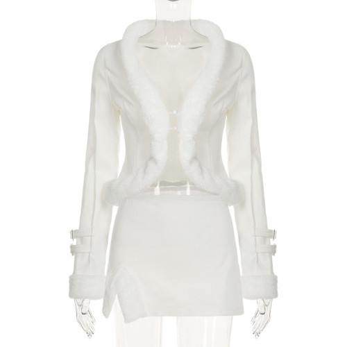 Warm wool strip splicing waist cinching jacket top