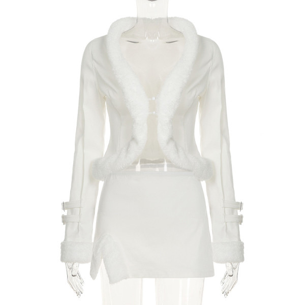 Warm wool strip splicing waist cinching jacket top