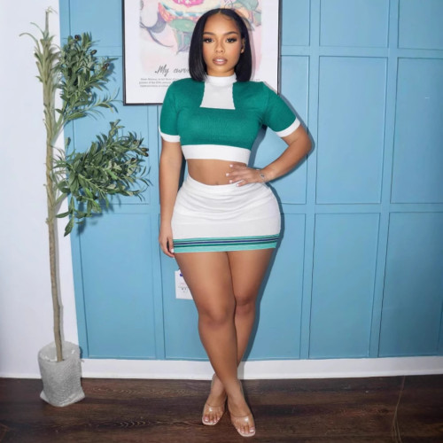 Color blocking knitted hip hugging skirt set