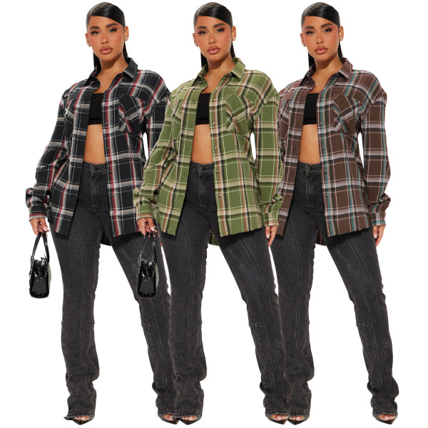Plaid pocket button edging top long shirt