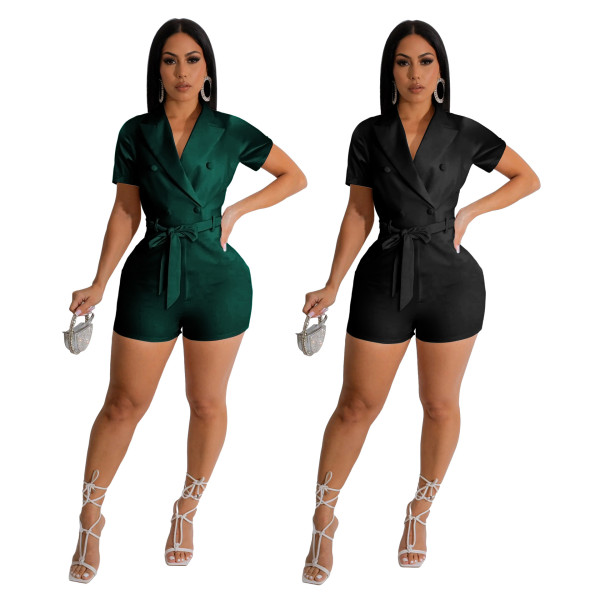 Solid color short sleeved women's jumpsuit