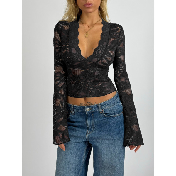 Deep V-lace long sleeved lace top