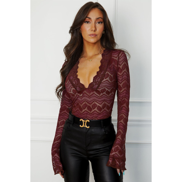 Deep V-lace long sleeved lace top