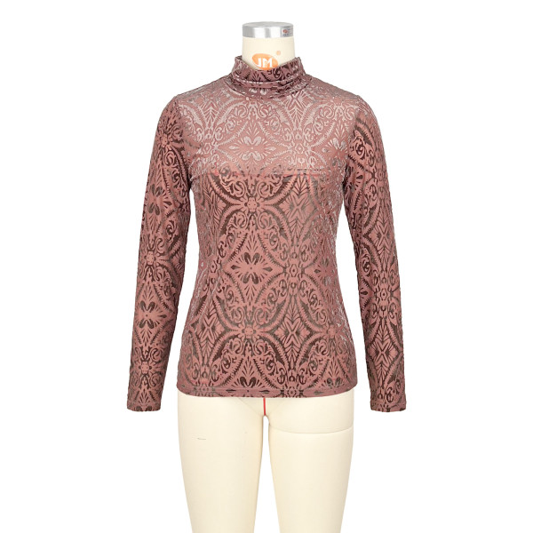 High neck elastic velvet floral long sleeved top