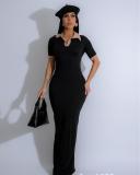 Polo collar, hip hugging, waist cinching long skirt