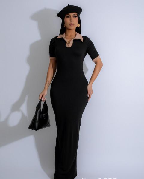 Polo collar, hip hugging, waist cinching long skirt