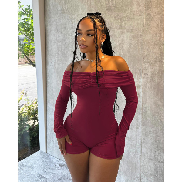 One neck pleated off shoulder long sleeved jumpsuit