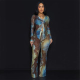 Single layer button mesh top, double layer micro flared pants, mesh set