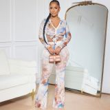 Single layer button mesh top, double layer micro flared pants, mesh set