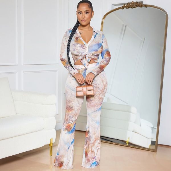 Single layer button mesh top, double layer micro flared pants, mesh set