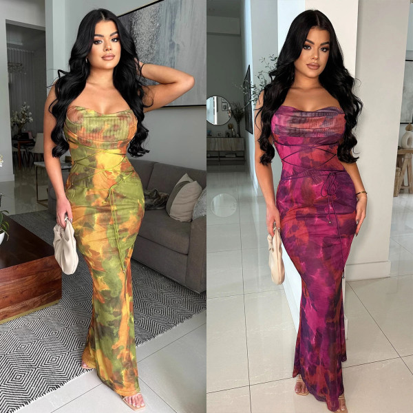 Tie dye printed suspender dress