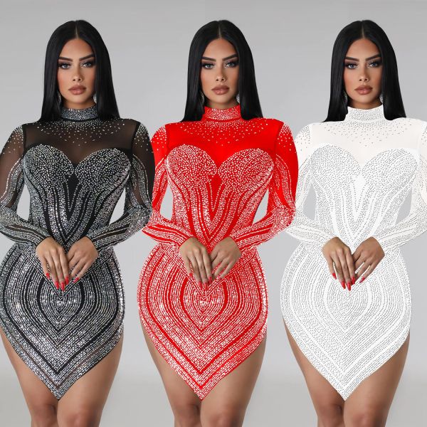 Women's mesh rhinestone long sleeved short skirt dress