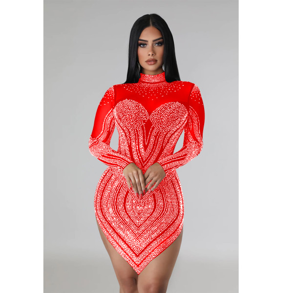 Women's mesh rhinestone long sleeved short skirt dress