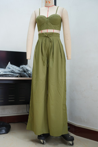 Waist Strap Tank Top Wide Leg Strap Non Elastic Pants Two Piece Set