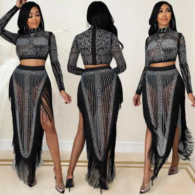 Hot stamping mesh see through long sleeved slit long skirt two-piece set