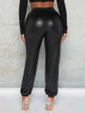 Ladies' drawstring bound leg pants PU leather patent leather pants
