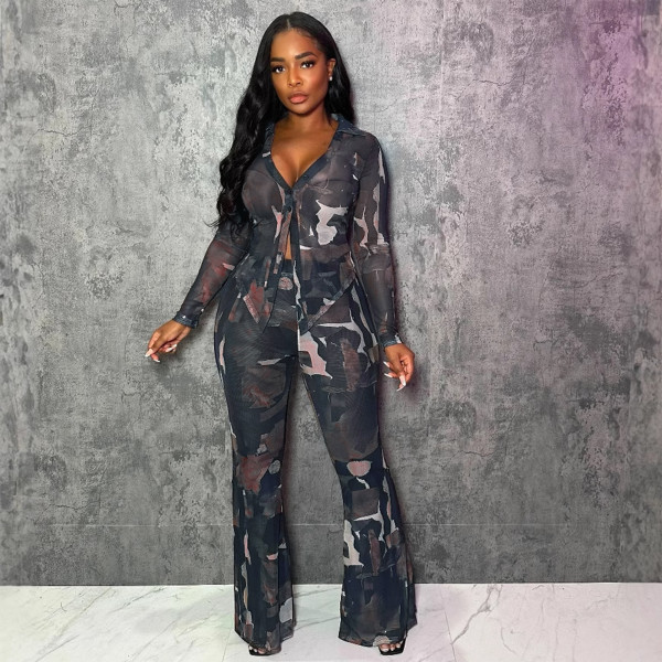 Single layer button mesh top, double layer micro flared pants, mesh set