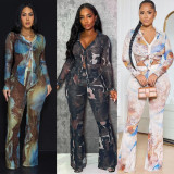 Single layer button mesh top, double layer micro flared pants, mesh set