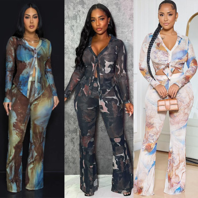 Single layer button mesh top, double layer micro flared pants, mesh set