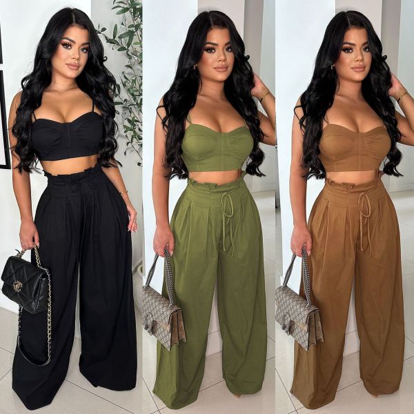 Waist Strap Tank Top Wide Leg Strap Non Elastic Pants Two Piece Set