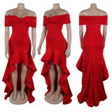 One shoulder strapless, hip hugging, waist cinching, floor mopping lace dress