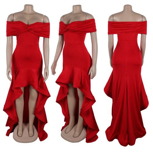 One shoulder strapless, hip hugging, waist cinching, floor mopping lace dress