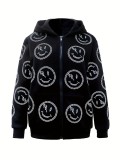 Smiling printed zipper hooded sweatshirt