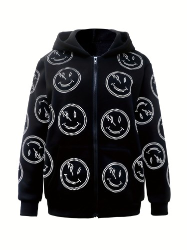 Smiling printed zipper hooded sweatshirt