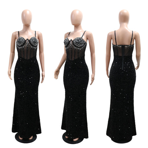 Velvet sequin rhinestone suspender dress, hip hugging long skirt