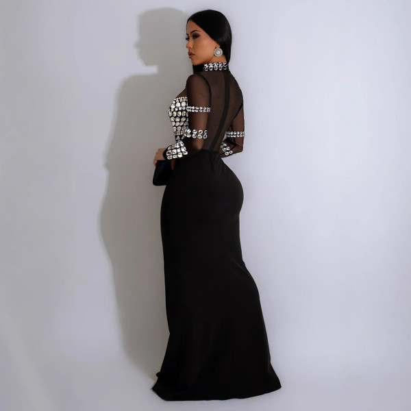Hot stamping, perspective splicing, split elastic dress