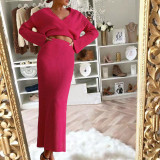 Long sleeved V-neck 70% sweater+mid length skirt set
