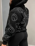 Smiling printed zipper hooded sweatshirt