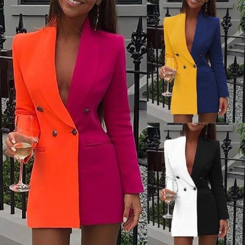 Color blocking patchwork professional outfit V-neck cardigan and small suit